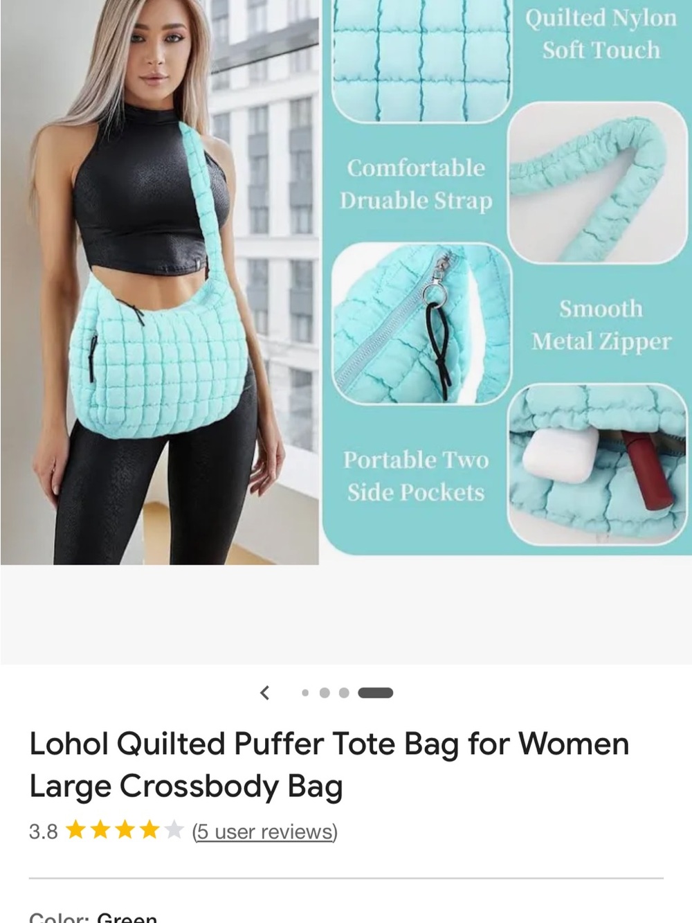 Quilted Puffer Crossbody Bag for Women - Light Mint Green